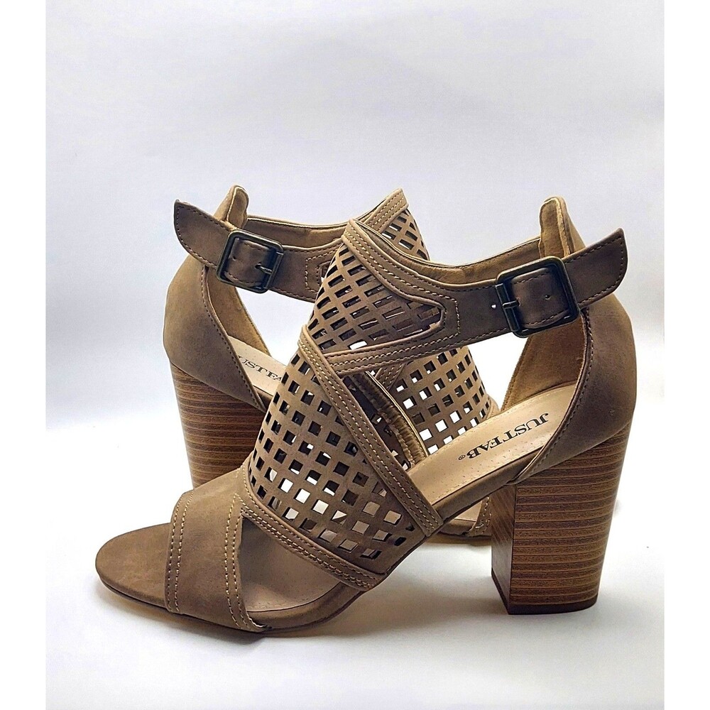JustFab‎ Laser Cut Strappy Sandals Sz 9 Taupe Chunky Heel Peep Toe Boho  NWOB